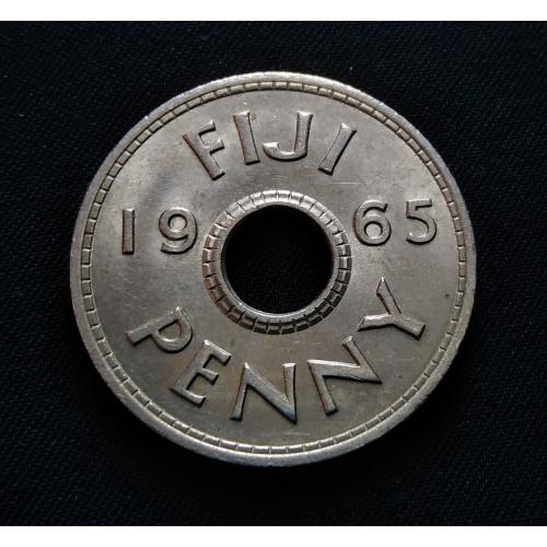 WITH LUSTER , EXCELLENT GRADE , FIJI 1965 * 1 PENNY " HOLE " COIN * QUEEN ELIZABETH II * Make Offer