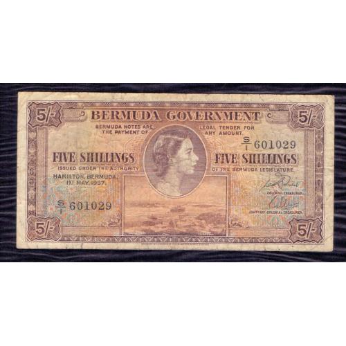 HARD COUNTRY ** BRITISH BERMUDA ** 1957 * 5 SHILLINGS BANKNOTE * VERY GOOD OR BETTER * QUEEN ELIZABETH II * P-18b * Make Offer