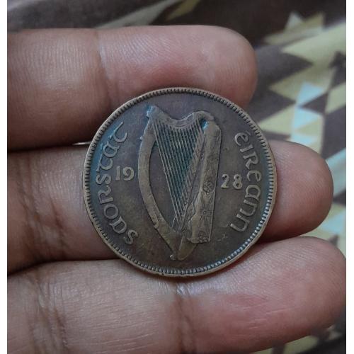 IRELAND 1928 , EIRE * ONE PENNY , 1 PINGIN COIN * EXTRA FINE CONDITION * IRISH HARP , HEN WITH CHICKS , UNCLEAN ORIGINAL CONDITION * Make Offer