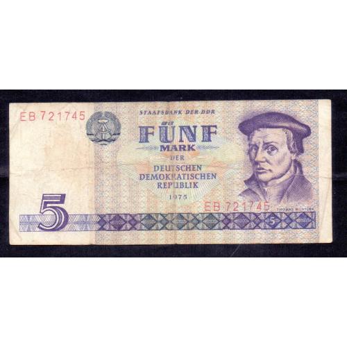 GERMANY, DEMOCRATIC REPUBLIC (DDR)) 1975 * 5 FUNF MARK BANKNOTE * VERY FINE PLUS CONDITION * P-27A , THOMAS MÜNTZER (GERMAN PREACHER) * Make Offer