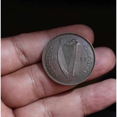 IRELAND 1935 , EIRE * ONE PENNY , 1 PINGIN COIN * EXTRA FINE PLUS CONDITION * IRISH HARP , HEN WITH CHICKS , UNCLEAN ORIGINAL CONDITION * Make Offer