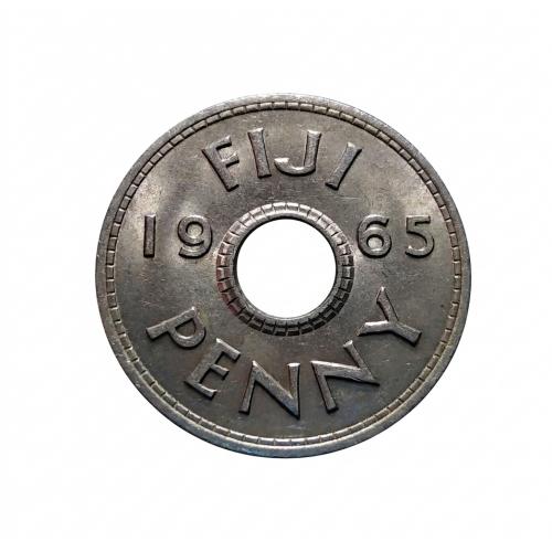 WITH LUSTER , AUNC CONDITION , FIJI , FIJI ISLAND 1965 * 1 PENNY  HOLE COIN , QUEEN ELIZABETH II (CROWN) , Make Offer