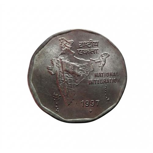 WITH FULL OF LUSTER , INDIA 1997 * 2 RUPEES COIN * NATIONAL INTEGRATION , INDIA MAP & FLAG , ASOKA * AUNC TO UNC CONDITION * Make Offer