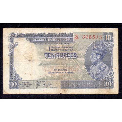 BRITISH INDIA 1937 * 10 RUPEES BANKNOTE , KING GEORGE VI , VERY GOOD CONDITION , P-19a, SIGNATURE : J.B. TAYLOR , Make Offer