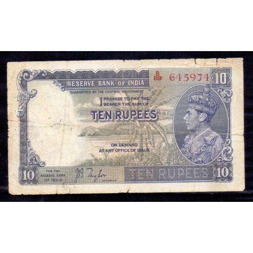 BRITISH INDIA 1937 * 10 RUPEES BANKNOTE , KING GEORGE VI , VERY GOOD CONDITION , P-19a, SIGNATURE : J.B. TAYLOR , Make Offer